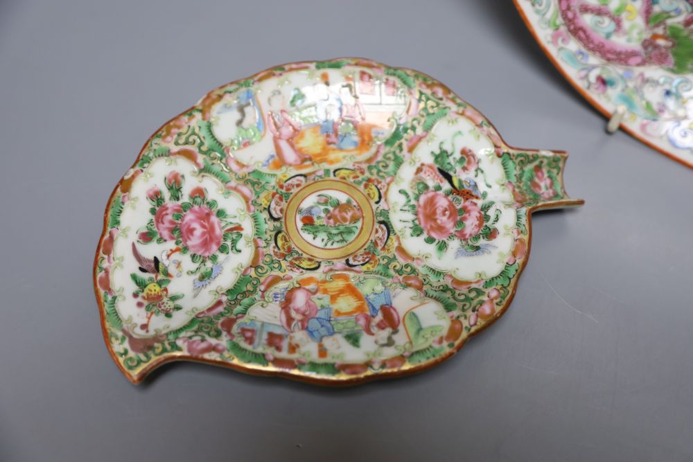 A Chinese enamelled porcelain saucer dish, 25cm, and two Canton leaf dishes, 19cm and 18cm